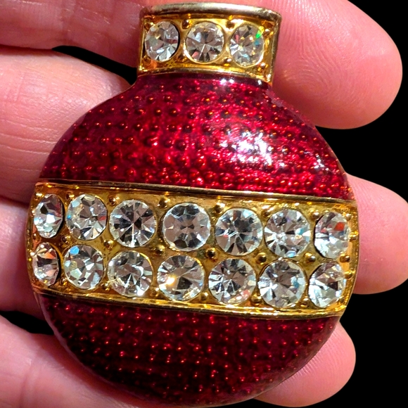 Vintage Eisenberg Ice Red Enamel Rhinestone Ornament Brooch - Picture 1 of 7